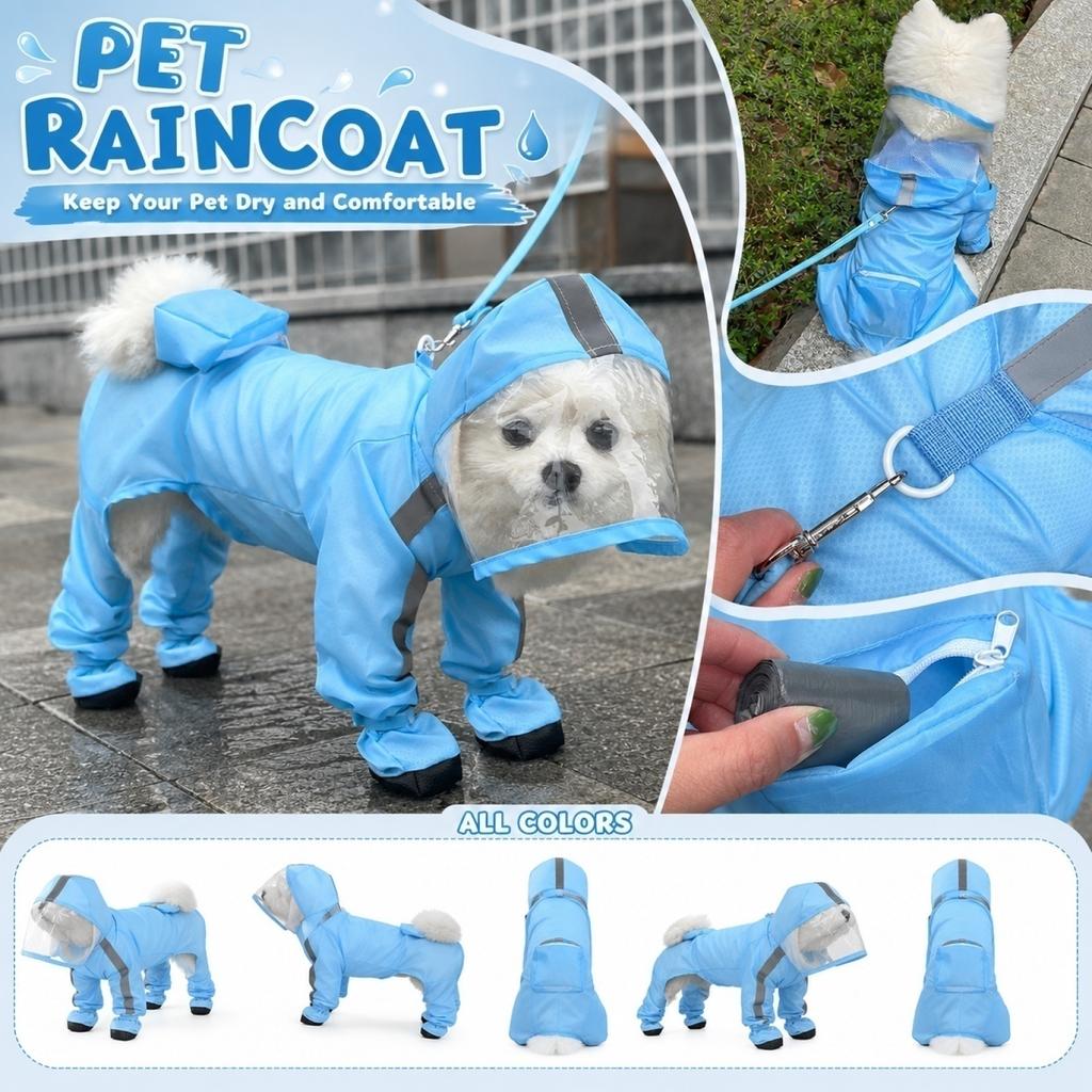 Pet Raincoat for Cats and Dogs, Four-Leg Full Body Suit, Outdoor Rain Jacket