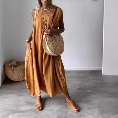 Sommer Casual Damen Baumwolle Leinen Einfarbig Tasche Lange Ärmelloses Kleid