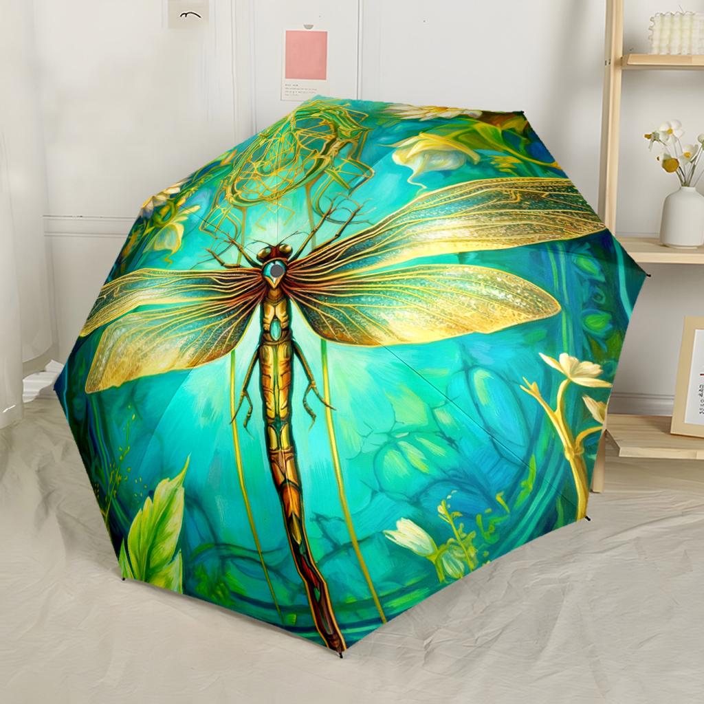 Goldene Libelle Fantasy Kompakt-Reise-Automatikschirm mit 8 Speichen Stabiler Aufbau Reise-Essential Modisches Accessoire Spirituelles Geschenk