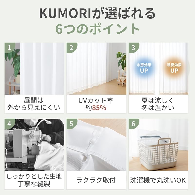 Kumori Heat-Insulating Lace Curtains: UV Cut (approx. 85%), Opaque, Energy-Saving, Heat Retention, Washable, with Hooks, 100cm Wide X 176cm Long, Set