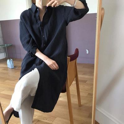 Robe chemise décontractée à col rabattu et manches longues pour femmes