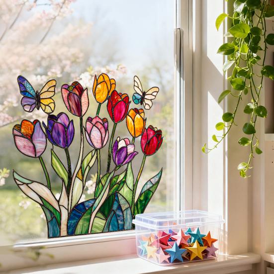 Spring Window Cling Stained Glass Floral Birds Butterflies Decorative Sticker Reusable Static Glass Decal