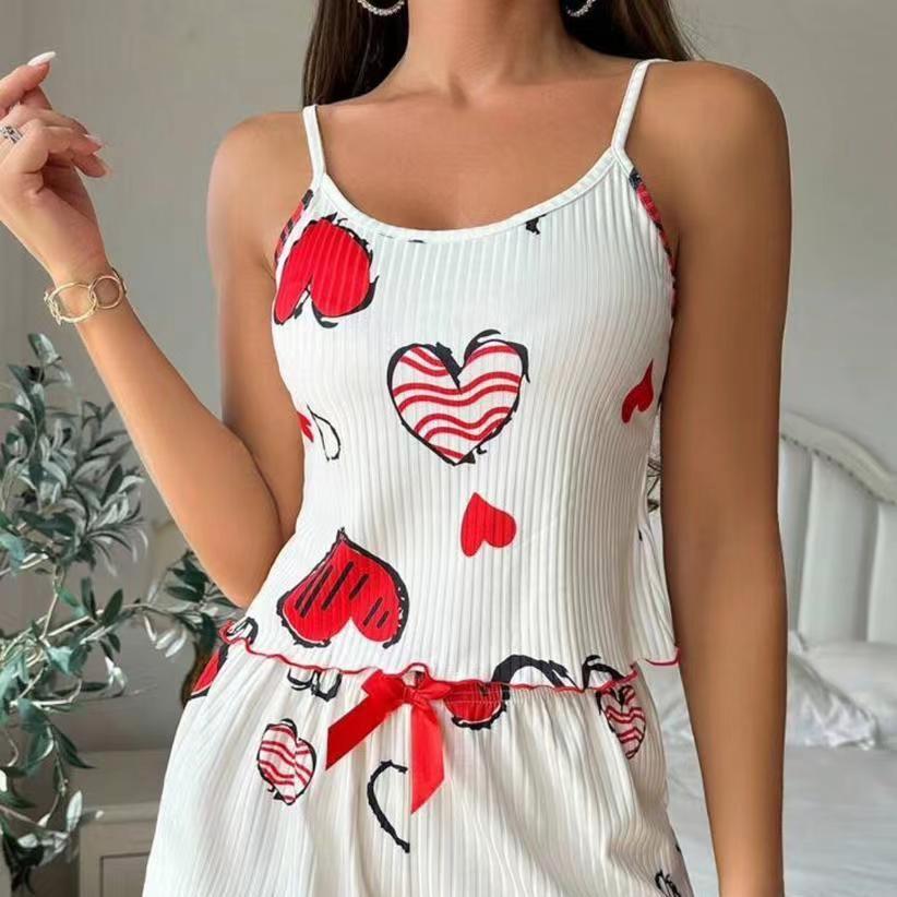 Women's Ribbed Knit Heart Print Camisole Pajama Set - Tank Top & Shorts Two-Piece