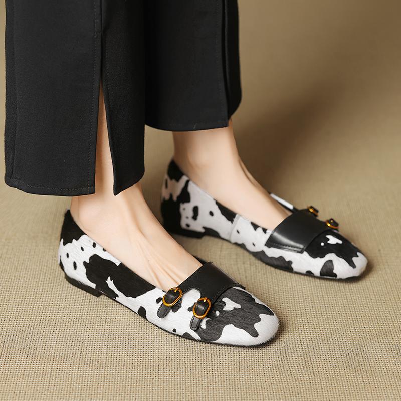 Fashion 2025 New Size 34-40 New Spring Autumn Women Pumps Round Toe Chunky Horsehair Leopard Shoes Concise Flats Comfortable Black Soft