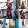 Elegant Women Boho V Neck Long Maxi Dress With 3/4 Sleeve For Party And Evening Events