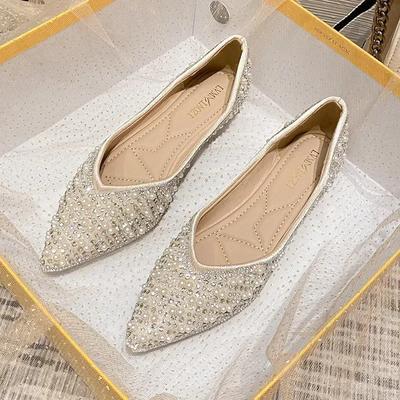 Women Fashion Rhinestone Flats Shoes Women Pointed Slip On Loafers Ladies Comfortable Soft Sole Shallow Single Shoe Plus Size
