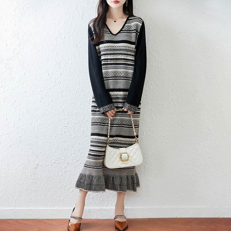 Women Sweater Dress 100% Wool MODERN NEW SAGA V-neck Knit Long Pullover Winter Jumpers Wool Long Dress Female