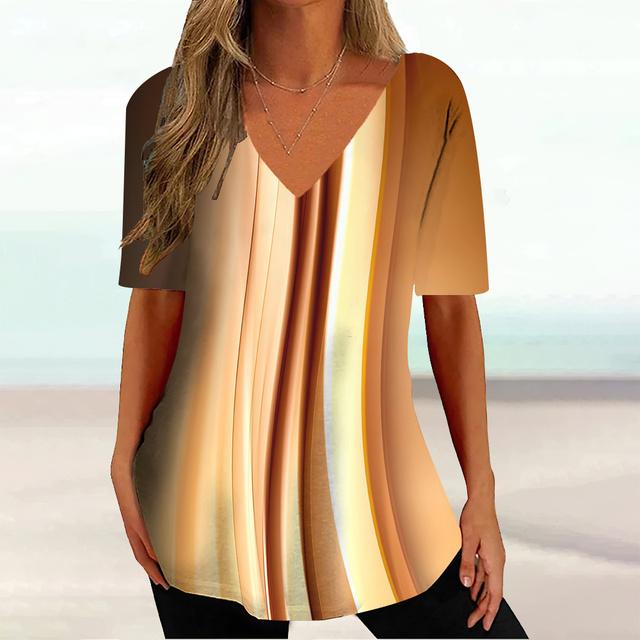 Tricou cu imprimeu curbat pentru femei, haine de vară cu decolteu în V, pentru femei, ocazional, cu mânecă scurtă.