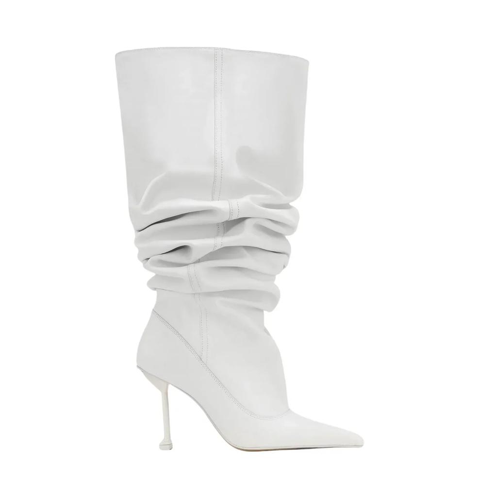 New Wrinkled Patent Leather Pointed High-heeled Stacked Boots with Large Tube Circumference European and American Long Boots