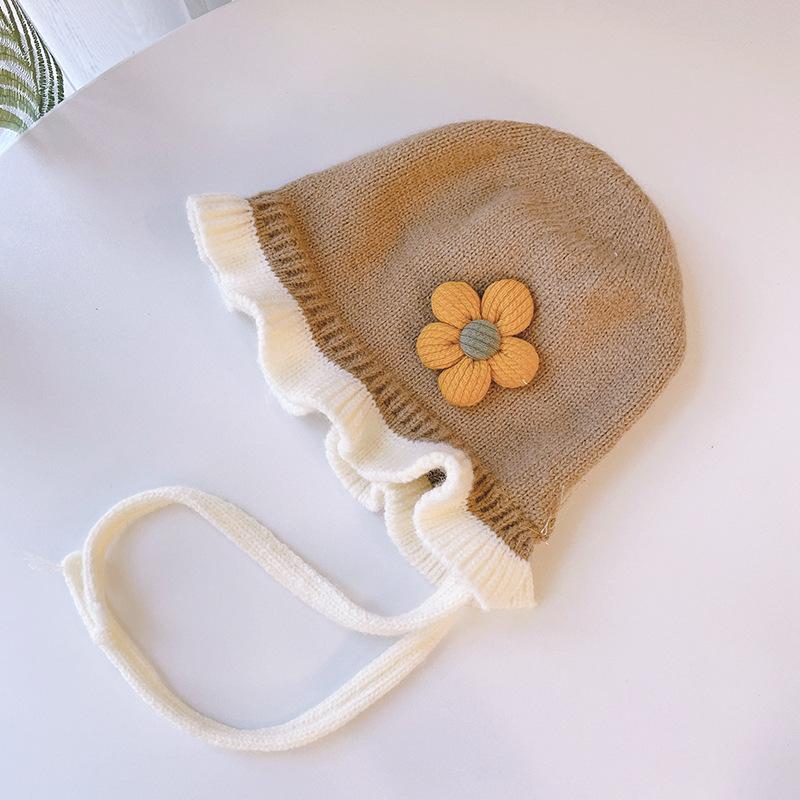 Baby Strick Mütze mit Rüschen Blumenmuster Warm Prinzessin Unisex Kleinkind Mütze Für Herbst Winter Frühling Weich Niedlich 42-49cm (5 months-2 years old) beige
