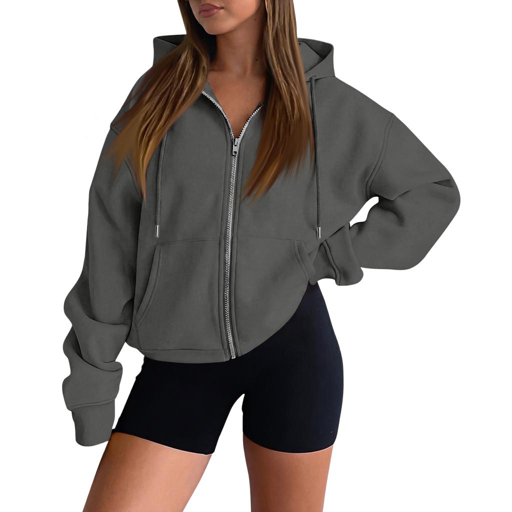 Women’s Long Sleeve Zip Up Hoodie Jacket with Drawstring Hood Casual Loose Fit Sweatshirt Outerwear for Everyday Wear