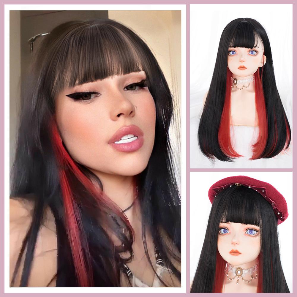 Pony-Perücke, braun, schwarz, synthetischer Farbverlauf, mehrfarbig, Colorblock-Perücke, Lolita-Perücke