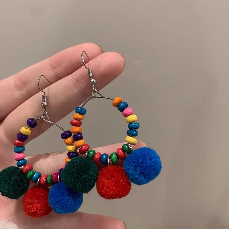 Red Retro Hong Kong Style Flocking Flower Bow Earrings - Elegant Long Design for Women, Perfect for Autumn and Winter Seasons