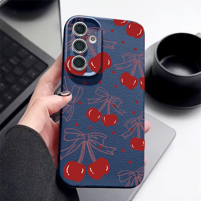 Carcasă subțire mată cu model Cherry Bowknot pentru Samsung S25 S24 FE S23 Ultra S22 A36 A56 A16 A55 A26 A35, textură din piele TPU, moale, rezistentă la șocuri, husă de telefon