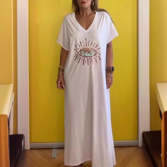 

Летнее женское платье с блестящими пайетками и принтом в виде глаз, свободные короткие рукава, большие размеры до щиколотки, однотонный пуловер, повседневная домашняя одежда для отдыха, платье макси 3XL чёрный