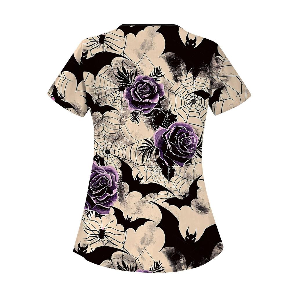 Dámské potištěné pracovní oblečení, šikmý límec a dvojité kapsy, základní top pulovr