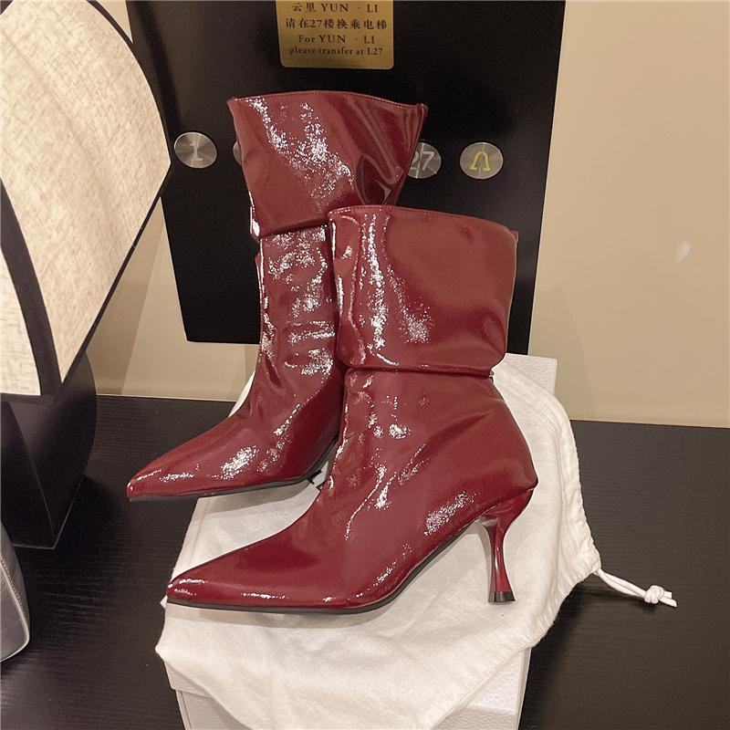 Fashion 7CM New Fashion Mid-calf Boots Women Pointed Toe Slim Short Ladies Booties Wedding Dress Shoes Autumn Winter Zapatos Mujer