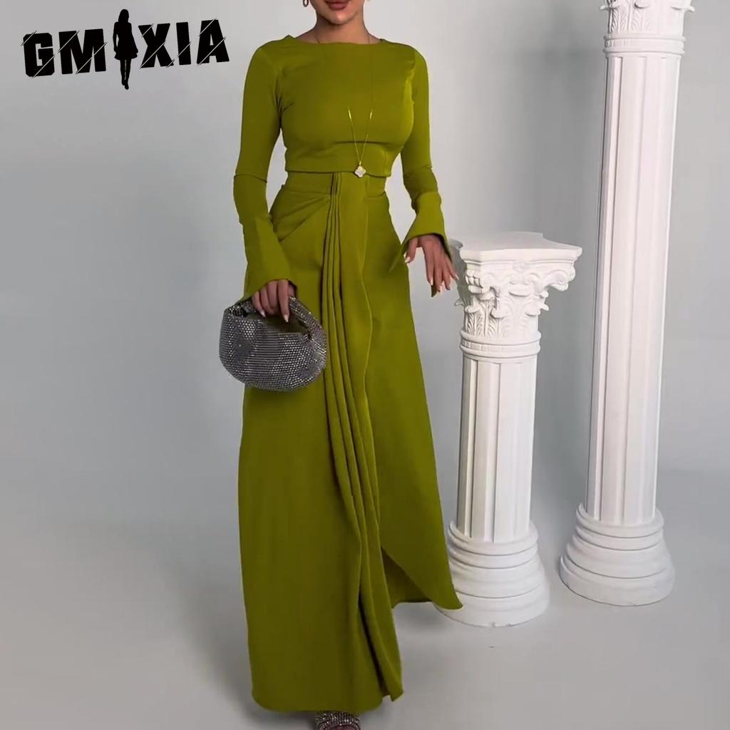 GMXIA Women's Fall Dress Style Satin Banquet Long Dress