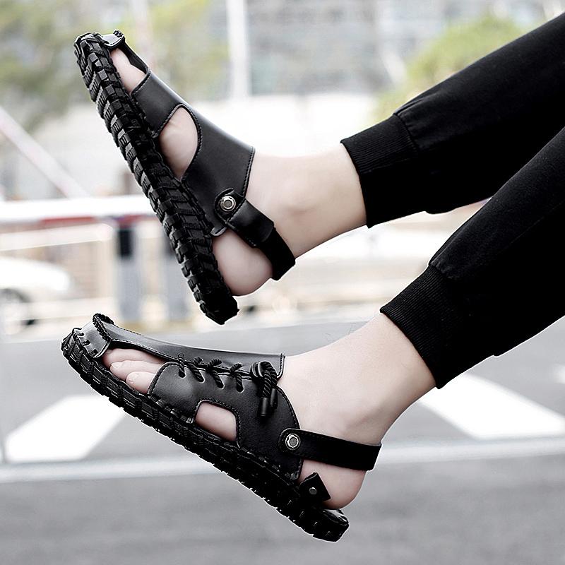 Sandals Men's Tide Summer New Style Leather Toe Cap Outdoor Leisure Sports Hollow Sandals Beach Shoes