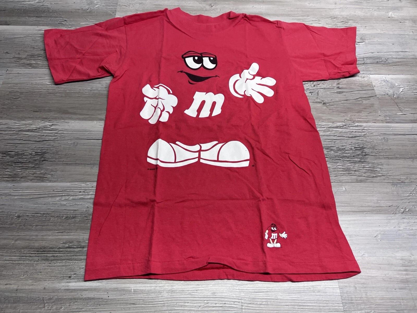 

Vintage 90s M&M s Big Print Logo T-Shirt Red Smiley Face Single Stitch Mens Sz M S