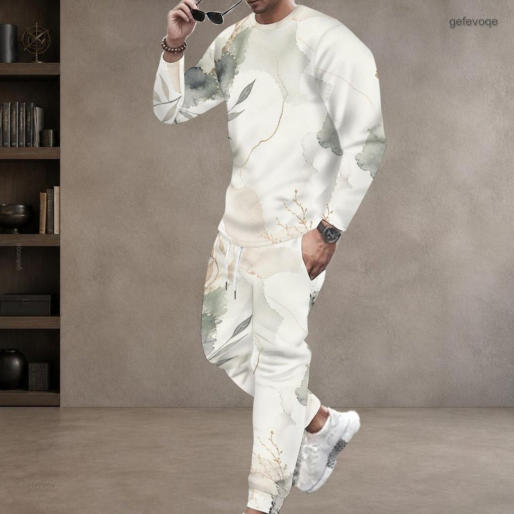 Men Plus Size White Printed Two Piece Set Round Neck Long Sleeve Top Cuffed Pants
