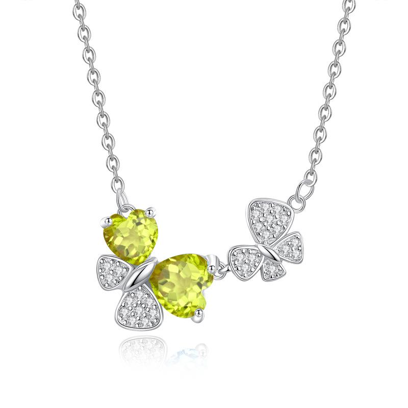 Natural Colored Gemstone Pendant S925 Sterling Silver Non-Fading Necklace Women's Butterfly Design Collarbone Chain