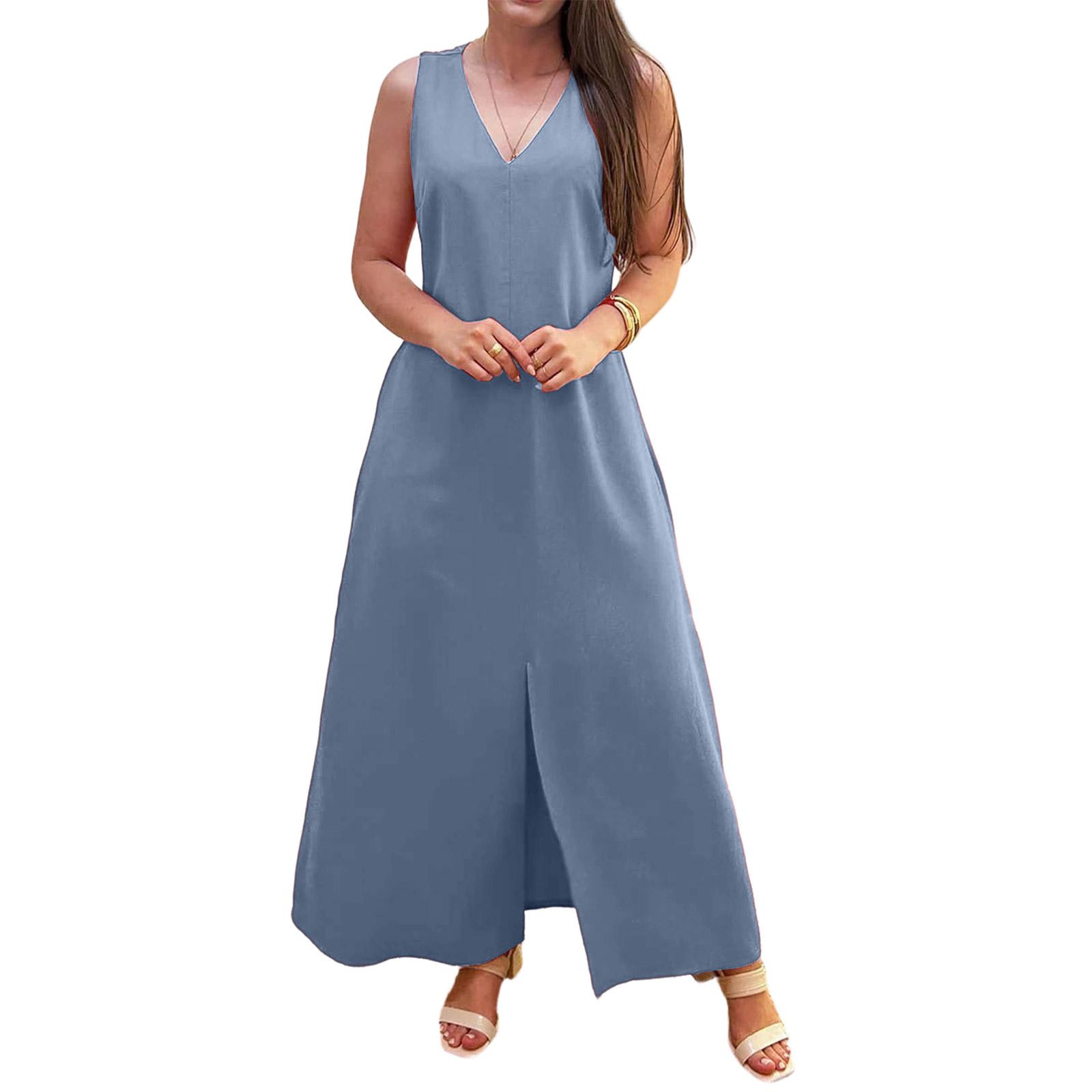 

Women s V-neck Sleeveless Casual Loose Cotton Linen Slit Dress XL