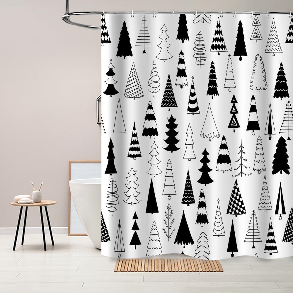 Merry Christmas Black And White Tree Shower Curtain Xmas Pine Pattern New Year Holiday Bathroom Curtains, Winter Trees Bath