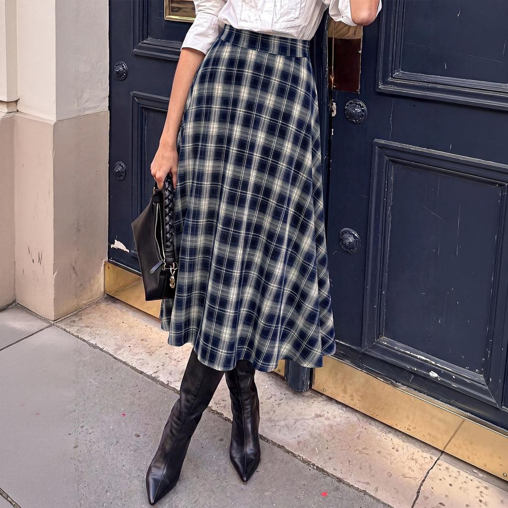 Women's Vintage Plaid High-Waist A-Line Casual Midi Skirt