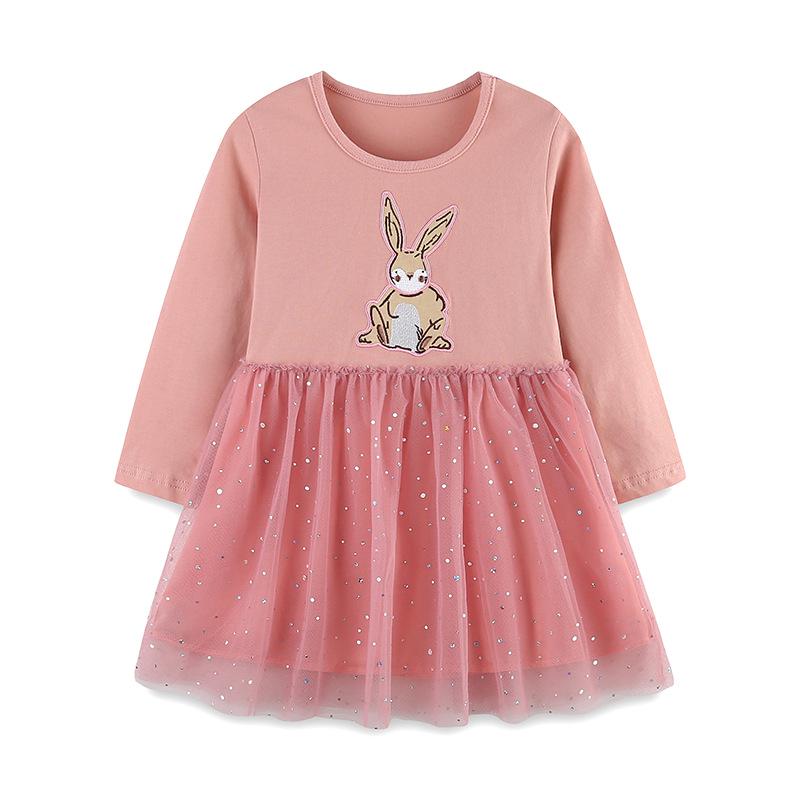 European Style Long Sleeve Cartoon Embroidery Mesh Dress for Girls 110cm