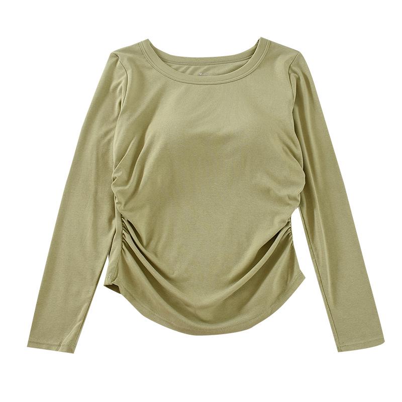 Chest-Padded Slim Fit Women's Top: Round Neck, Long Sleeve, Fishtail Hem, No Bra Needed, Autumn/Winter Style.