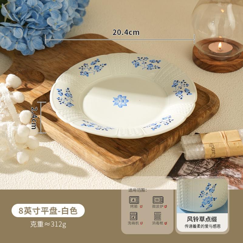 French Blue Flower Retro Tableware Set, High-Value Ceramic Bowls, Plates, Bowls, Housewarming, New Year'S Dish Set, Household