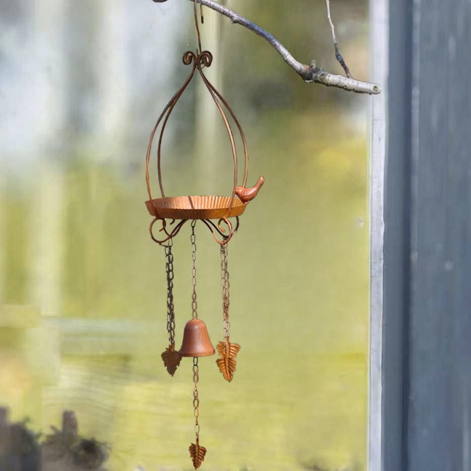 Rust-Colored Small Birdhouse Feeder with Bell Wind Chime.
