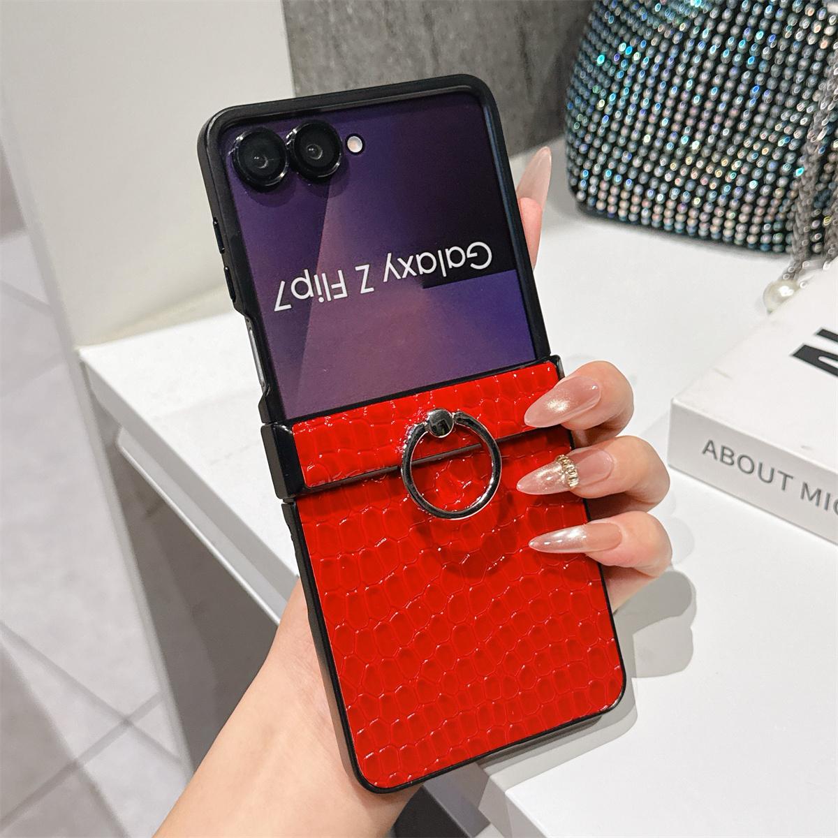 

Black Crocodile Leather Portable Ring Phone Case for Samsung Galaxy Z Flip7 6 Flip 5 Flip6 Flip4 3 Flip7 FE Back Cover Galaxy Z Flip5
