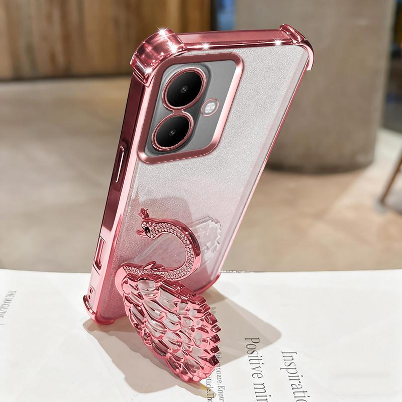 KEYSION Shockproof Plating TPU Phone Case for TECNO Spark Go 2 Pop 10 Glitter Jewelled Swan Kickstand Cover for Infinix Smart 10