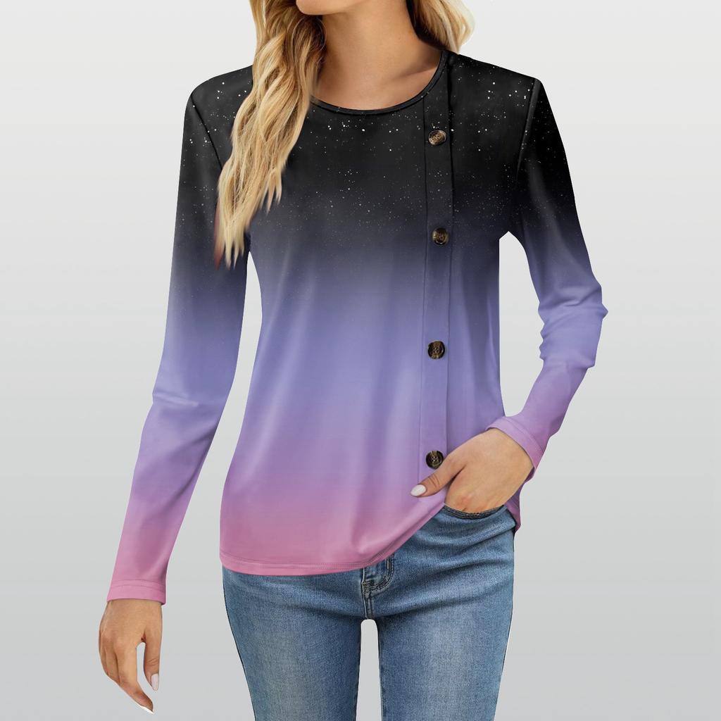 Mote Dame Casual Rund Hals Langermet Trykt T-skjorte Damer Topp