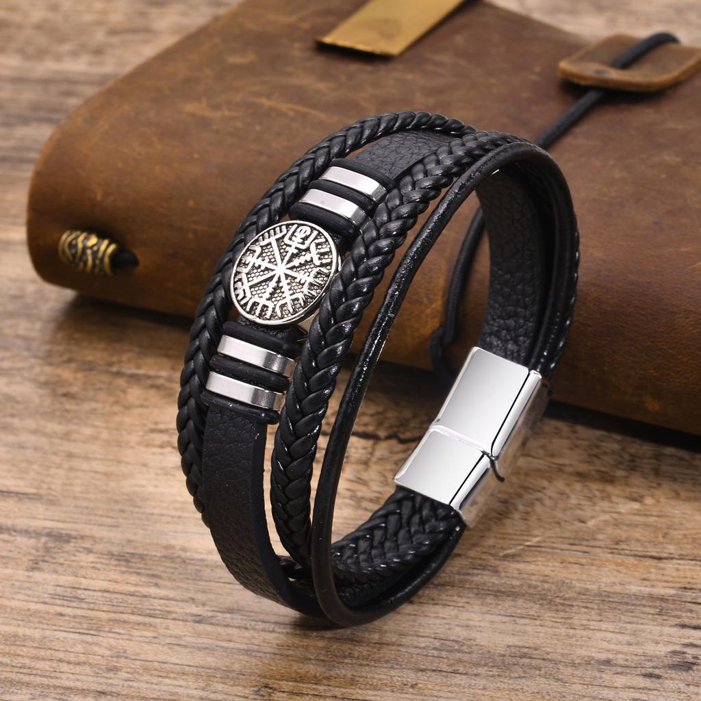 Nordic Viking Bracelets for Men Boys, Black Leather Bracelet Men, Birthday and Christmas Gifts for Dad, Father, Husband, BFF