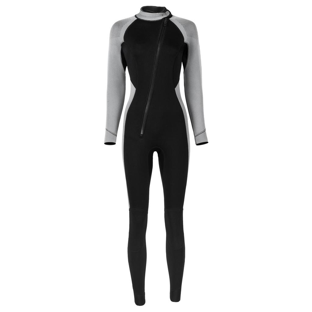 Women 3mm Neoprene One-Piece Thermal Wetsuit Mock Neck Long Sleeve Front Diagonal Zipper Jumpsuit for Swimming Surfing Diving