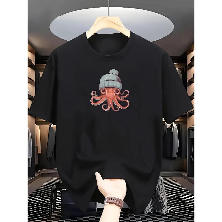 Unisex Plus Size Cotton T-Shirt - Cute Cartoon Octopus with Hat Print, Soft Round Neck, Regular Fit Short Sleeve Summer Casual Streetwear Tee for Men S