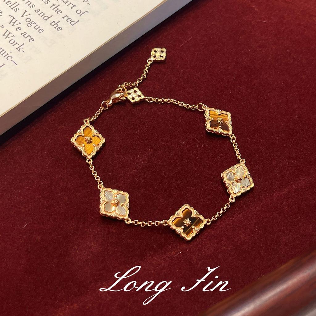 Französische Retro-Fenstergitter, Kleeblatt, Tigerauge-Stein-Set, Herbst- und Winter-Halskette, Armband, Ohrstecker, Antik und Vielseitig