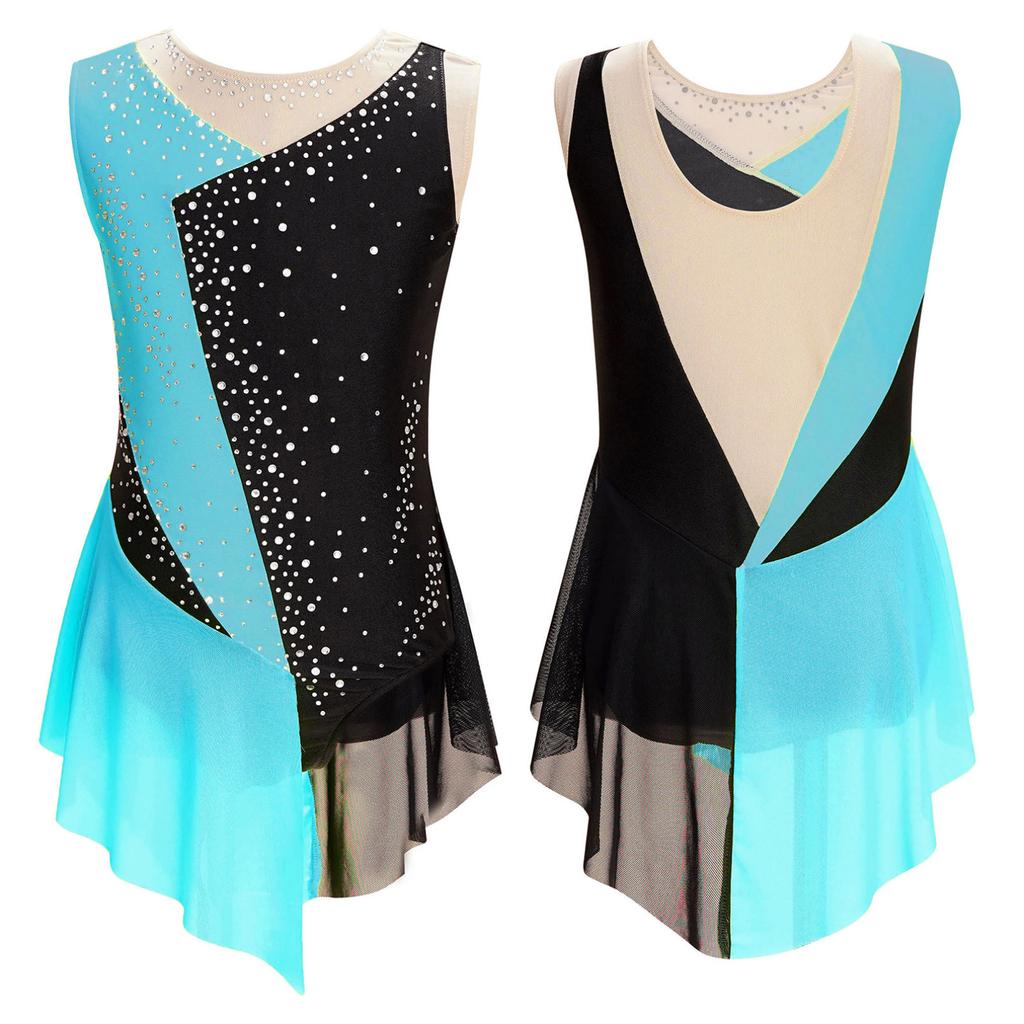 Kids Girls Sparkly Rhinestone Leotard Sheer Mesh Patchwork Sleeveless Dance Gymnastics Figure Skating Dress