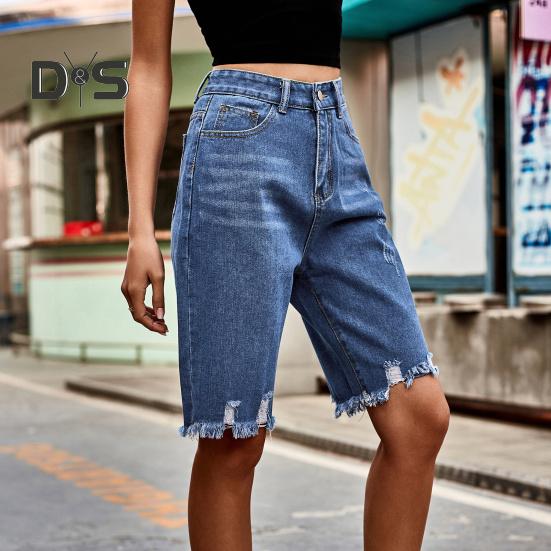 Women's High Waisted Distressed Bermuda Denim Shorts Knee Length Ripped Stretchy Jean Shorts with Pockets Frayed Hem Short Pants