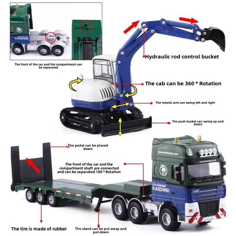 150 Flatbed Trailer with Bulldozer Semi-Trailer Alloy Engineering Car Model Toys Car for Boy Birthday Gift