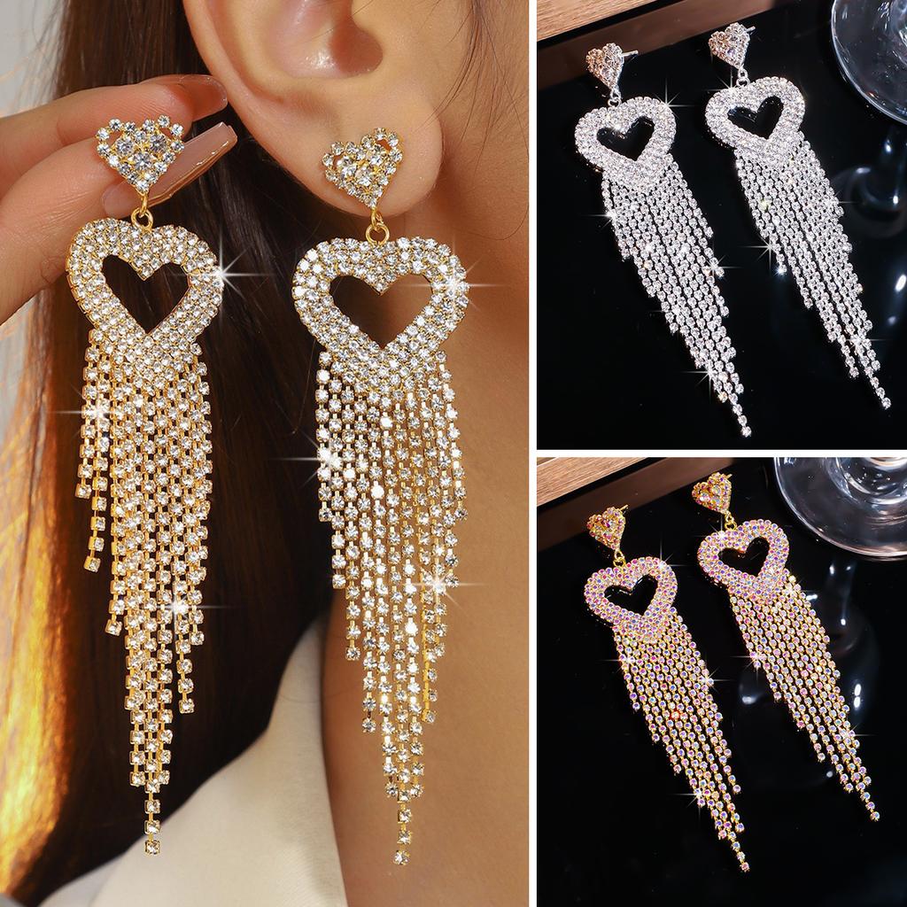 Long Tassel Rhinestone Earrings Dangle Jewelry Crystal Bridal Wedding Earrings Accessories for Women and Brides