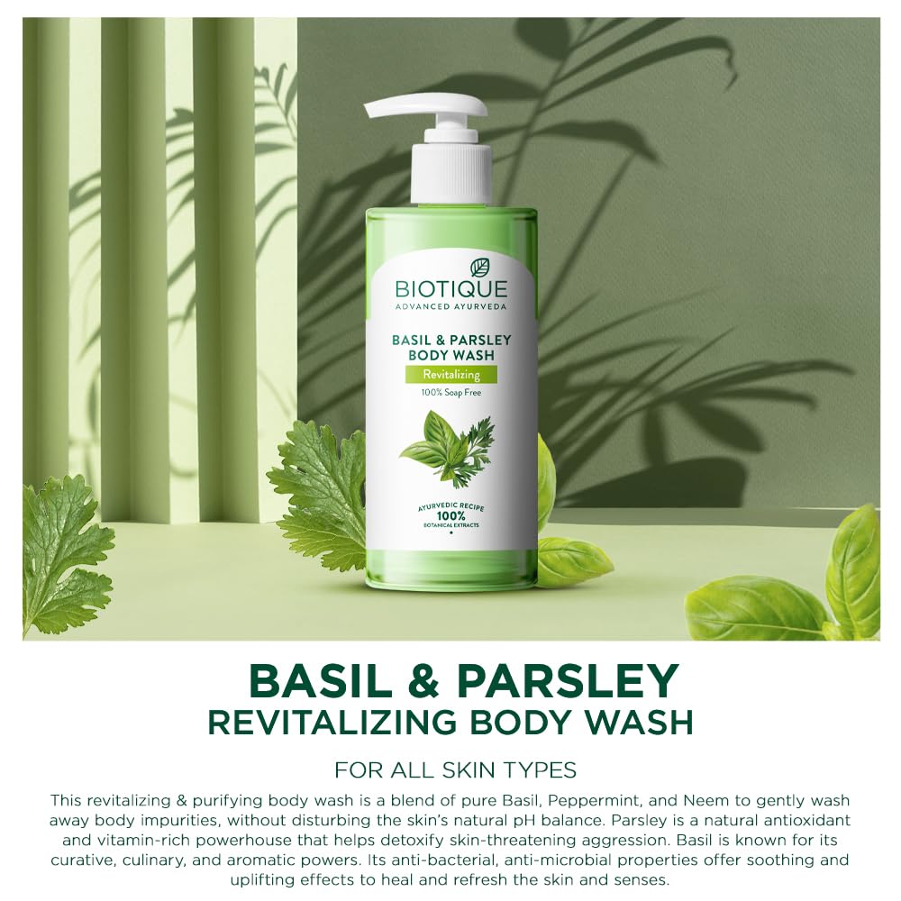 Biotique Basil & Parsley Body Wash 300ml, Revitalizing & Soothing Gel for All Skin Types, Natural Brightening Shower Cleanser