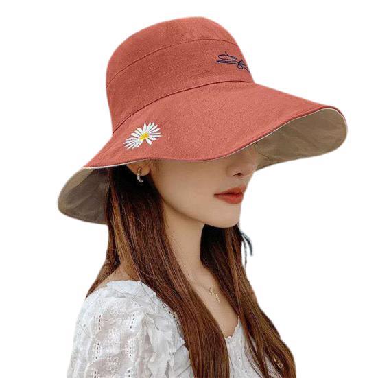 Women Summer Reversible Marguerite Embroidery Sun Protection Hat Fisherman Cap