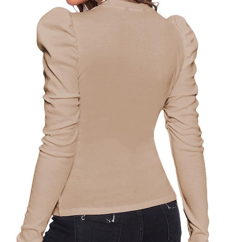 GMXIA Women's Fashion Casual Spring Winter Solid Color Print Long Sleeve O-Neck Slim Blouses & Shirts