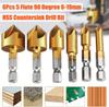 6pcs Countersink Drill Bit Set 1/4'' Hex Shank HSS 5 Flute Countersink 90 Degree Wood Chamfering Cutter Chamfer 6mm-19mm