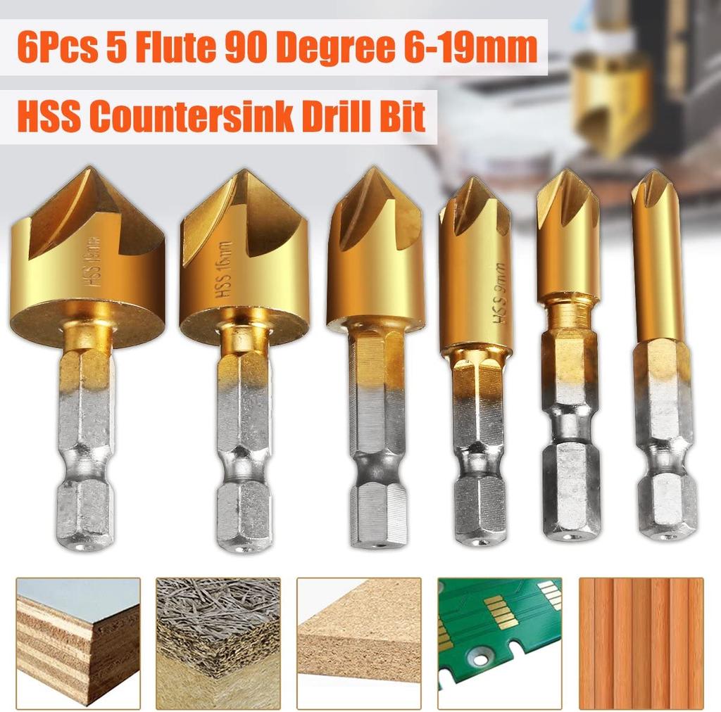 6pcs Countersink Drill Bit Set 1/4'' Hex Shank HSS 5 Flute Countersink 90 Degree Wood Chamfering Cutter Chamfer 6mm-19mm