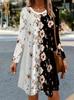3D Retro Floral Pattern Casual Dress, Women's Autumn Long Sleeved Round Neck Casual Mini Dress